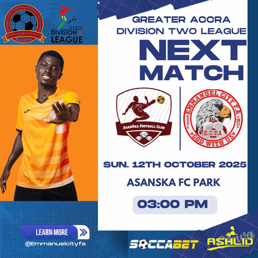 club_emmanuel's tweet photo. 🔥UP NEXT ➡️ 

We will face  Asanska Football Club in a highly anticipated away match on Sunday, October 12th, 2025.

📍 Venue: Asanska FC Park
⏰ Kick-off: 3:00 PM

📱#ECFA ⚪️🔴 #GodWithUs — At Oyibi📍
 #GodWithUs✌️| #ECFA🔴⚪️ | https://t.co/n9356SxiJT