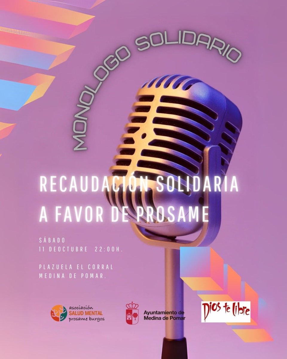 ¡Ríe por una buena causa!
Sábado 11 oct · 22:00h · Plazuela El Corral (Medina de Pomar)
Monólogo solidario a favor de PROSAME 💜
Tu risa también suma 🙌
#MonólogoSolidario #PROSAME #HumorConCausa