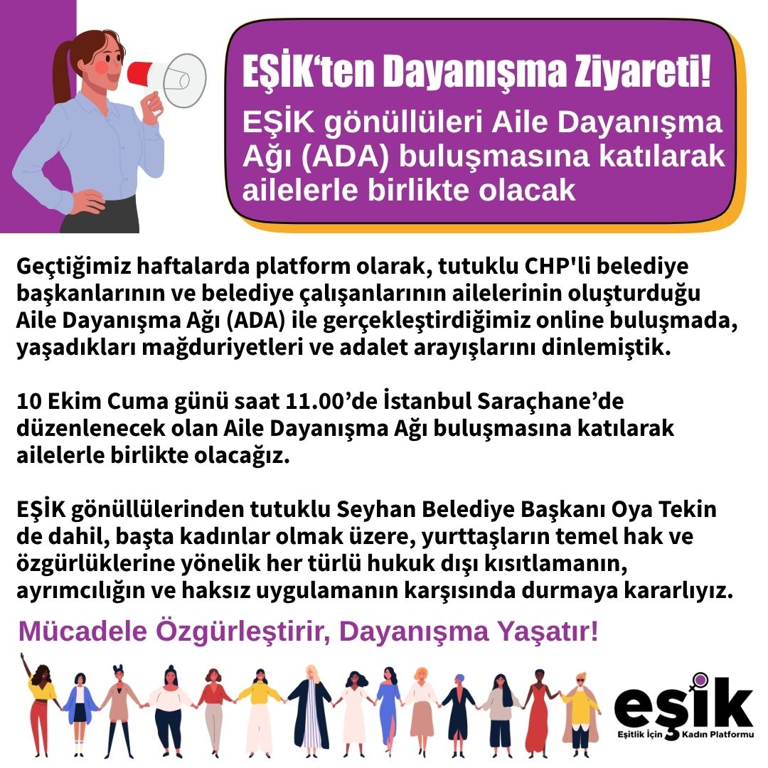 📢 #EŞİK 'ten dayanışma ziyareti

#EŞİKGönüllüleri Aile Dayanışma Ağı buluşmasına katılarak ailelerle birlikte olacak.

Geçtiğimiz haftalarda platform olarak, tutuklu CHP 'li  (<a href="/herkesicinCHP/">CHP 🇹🇷</a>) belediye başkanlarının ve belediye çalışanlarının ailelerinin oluşturduğu Aile
