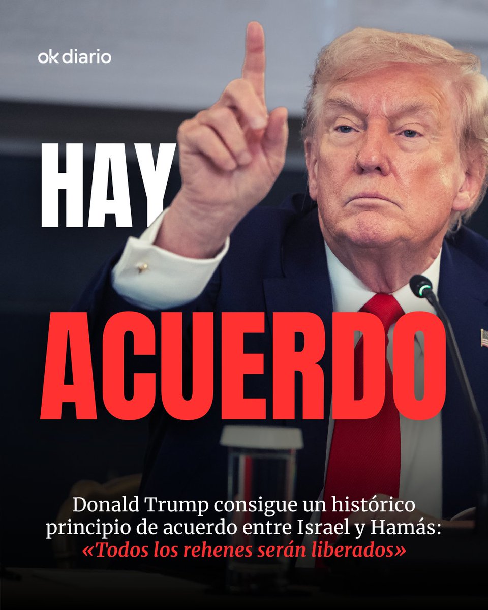 okdiario's tweet photo. 🔴 Trump logra un histórico acuerdo entre Israel y Hamás. 

➡️ Accede aquí a los detalles: https://t.co/LW7Z3nxZBo https://t.co/FHfIzRf8Ps