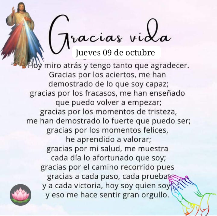 Buenos días Dios,gracias por este nuevo día que nos permites vivir y por las bendiciones que confiamos llegarán a nuestras vidas para llenarnos de gozo,danos sabiduría para vencer todo lo que quiera destruirnos,toma nuestro corazón y hazlo tuyo🙏
Feliz día Mis Amores 🤍