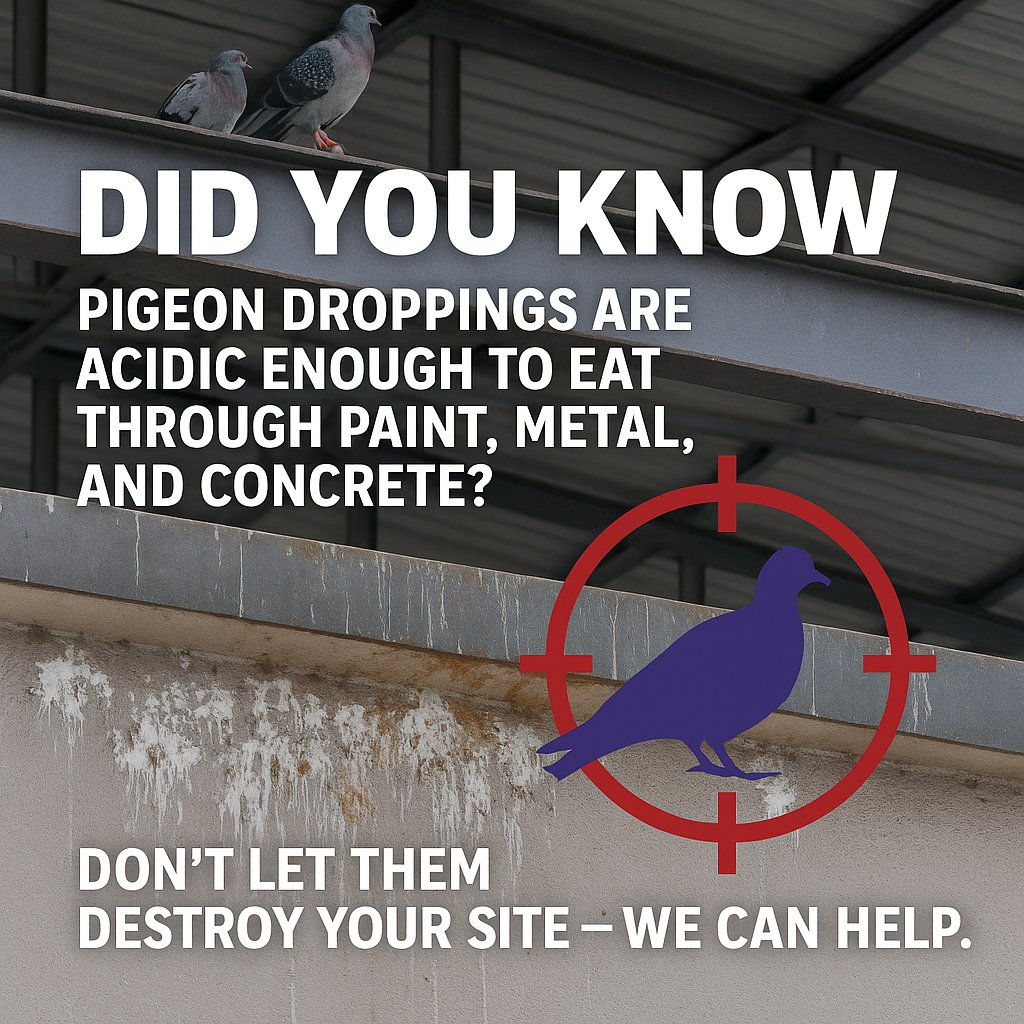 commercialvc's tweet image. ⚠️ Did you know pigeon droppings are acidic enough to eat through paint, metal, and concrete? Don’t let them destroy your site — we can help. 🛠️ #PigeonControl