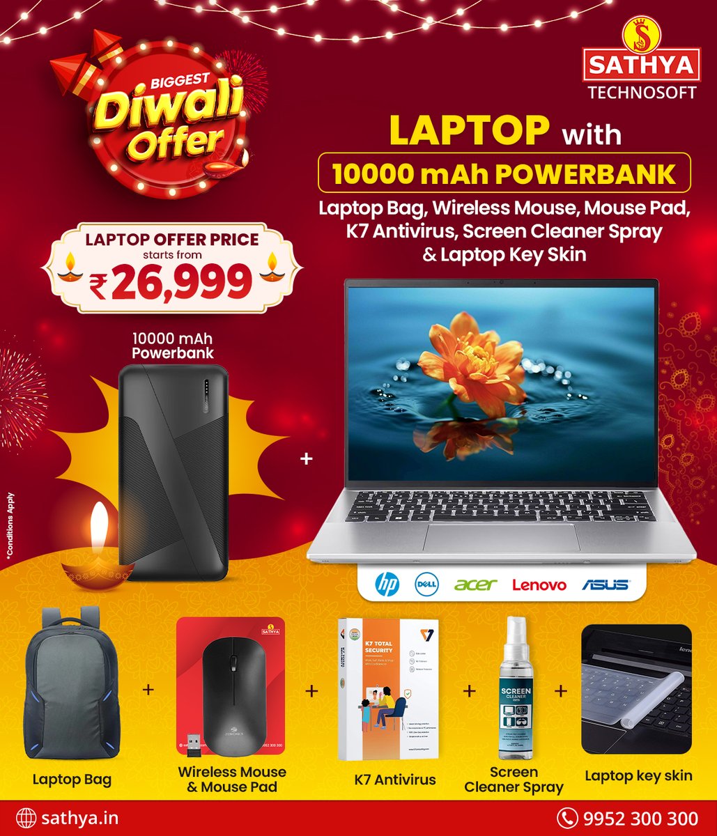 sathyashopping's tweet photo. Biggest #DiwaliOffer! Purchase #Laptop with #Powerbank, Laptop Bag, K7 Antivirus, Screen Cleaner Spray, Laptop Key Skin, Wireless Mouse and Mouse Pad in Combo at a starting price of Rs.26,999. Call 9952300300 to get this offer.

Order here : https://t.co/kR9aFFL9T2

#Diwalisale https://t.co/eZMRVFXntZ