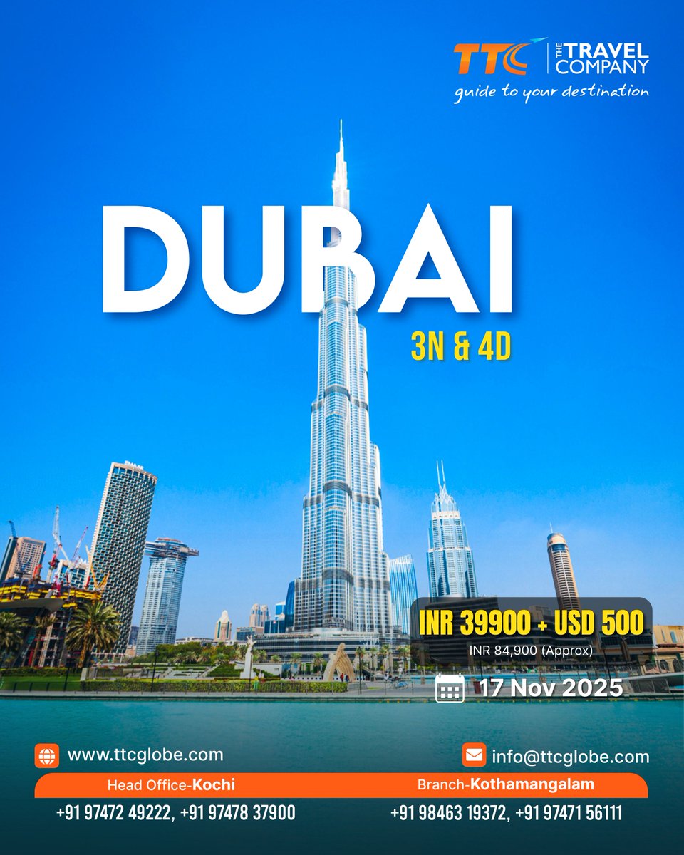TTCKochi's tweet photo. Discover Dazzling Dubai✨

📱+91 97478 37900, +91 98463 19372
🌐https://t.co/XZH02LPxvZ
📧 info@ttcglobe.com

#TTCTheTravelCompany #visaservices #internationaltourpackages #TravelOffer #BudgetTravel #DubaiDreams #Dubai #DubaiTrip2025 #VisitDubai #DubaiTour #CityOfGold https://t.co/OPAO36Zgst