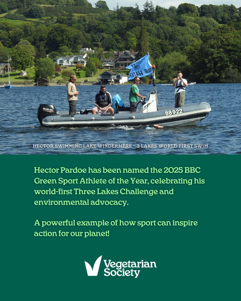 vegsoc's tweet image. 🎉Congrats to @hector_pardoe, 2025 BBC Green Sport Award for Athlete of the Year! Swimming Britain&apos;s three largest lakes in under 24 hours to raising awareness of water pollution through his documentary &quot;King of the Lakes,&quot; he proves how sport can drive a cleaner, greener planet.