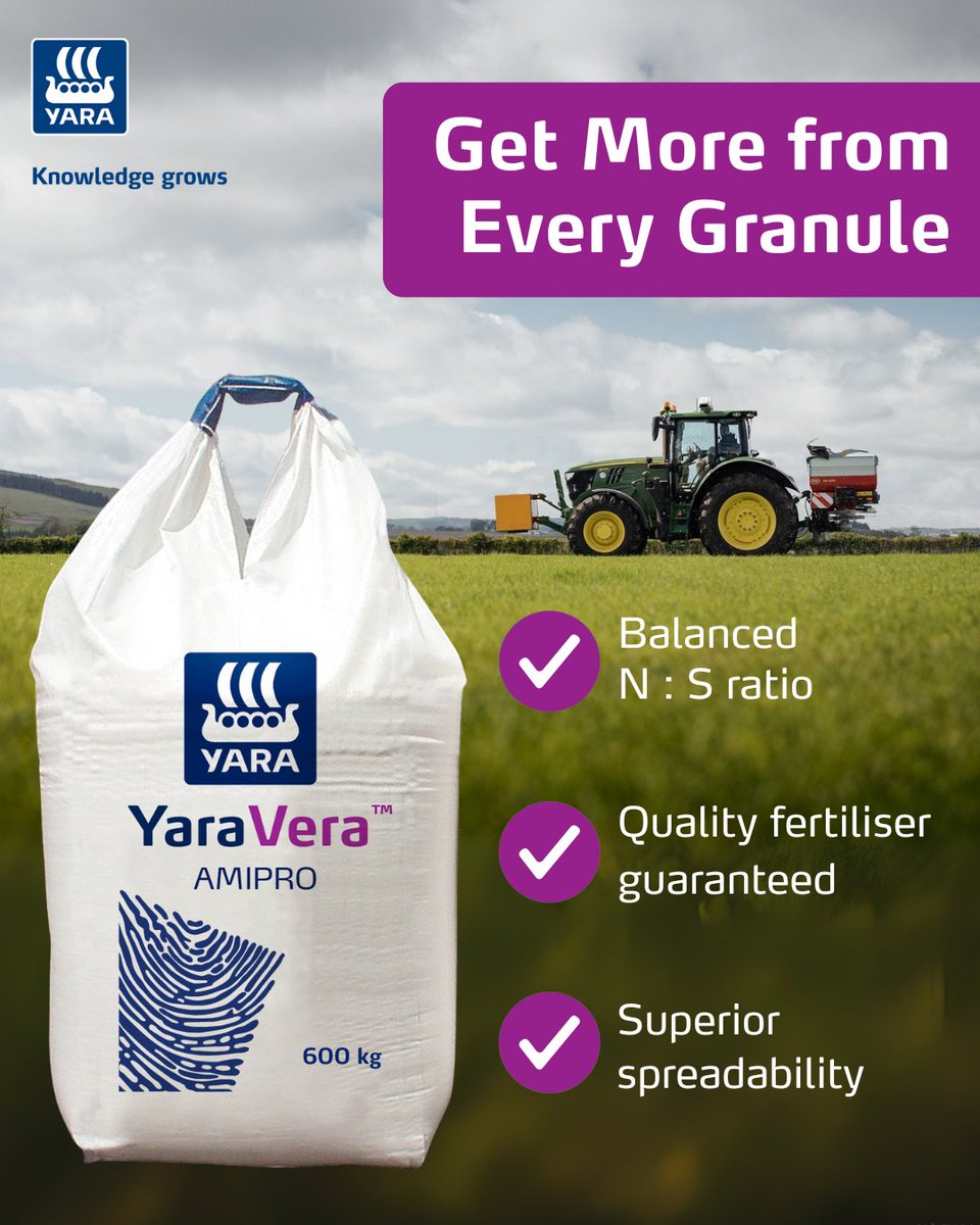 Looking for a high-quality protected urea + sulphur fertiliser?

YaraVera AMIPRO offers:
☑️ N &amp; S in every granule
☑️ Even nutrient distribution
☑️ Accurate spreading up to 36m
☑️ Protected urea with NBPT urease inhibitor for efficient nitrogen use

 ow.ly/J38550X7ErK