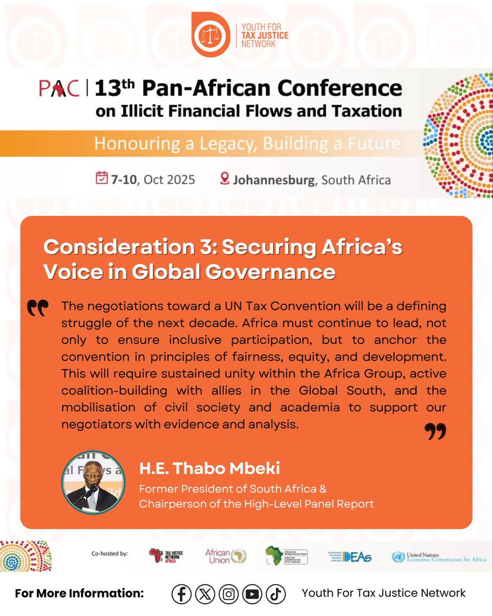 “Only by uniting as a continent, and by speaking with one voice, can we hope to transform the global rules that so profoundly affect Africa’s capacity to mobilise its resources.” 🌍

This brings us to the third consideration which is all about promoting #TaxJusticeAfrica and
