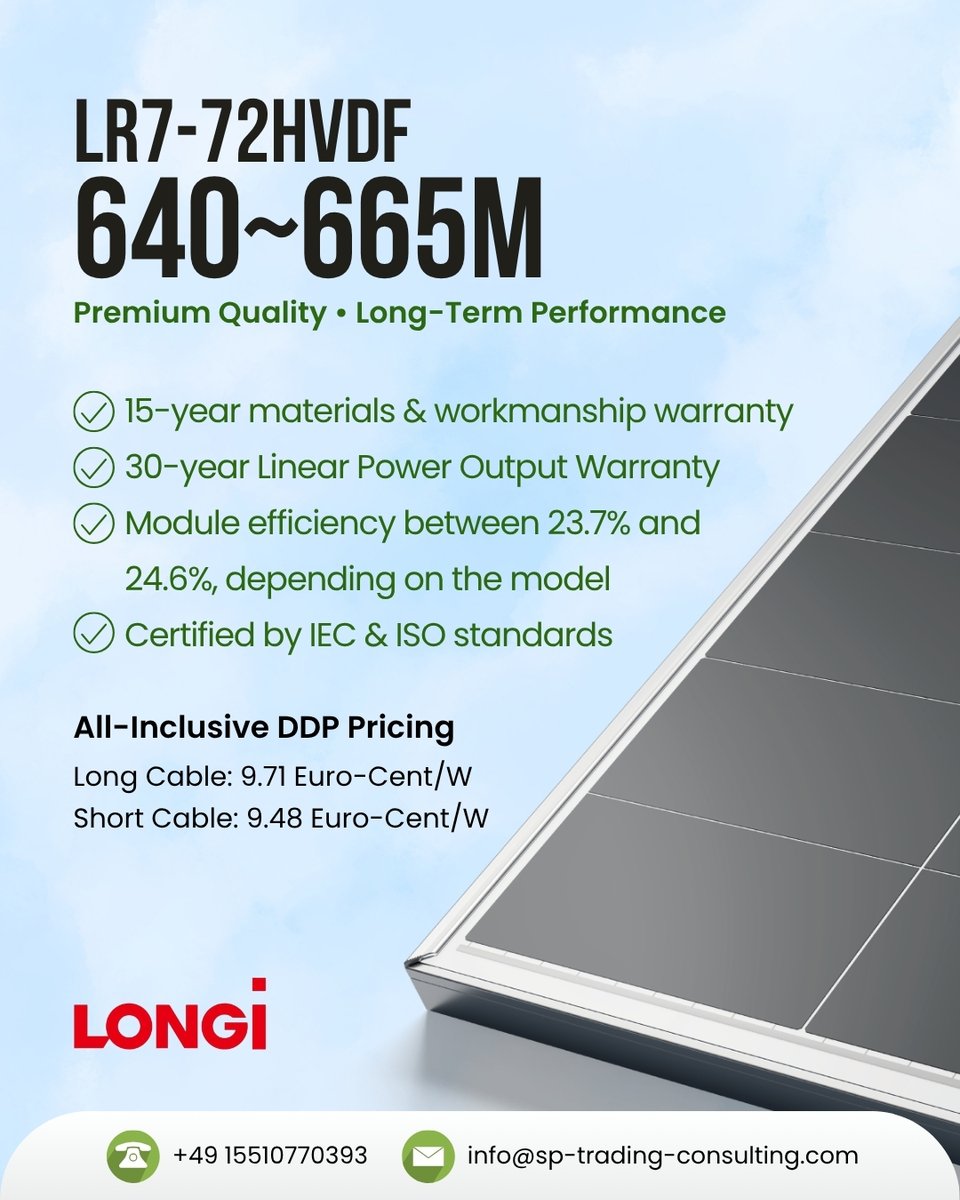 sptradeconsult's tweet image. Next-gen solar is here: HPBC 2.0 + up to 24.6% efficiency 

LONGi LR7-72HVDF ensures higher yield, dust resistance &amp;amp; 30-year reliability.

Discover more: sp-trading-consulting.com/en/longi-lr7-7…

#LONGi #HPBC #SolarModules #Reliability #RenewableEnergy