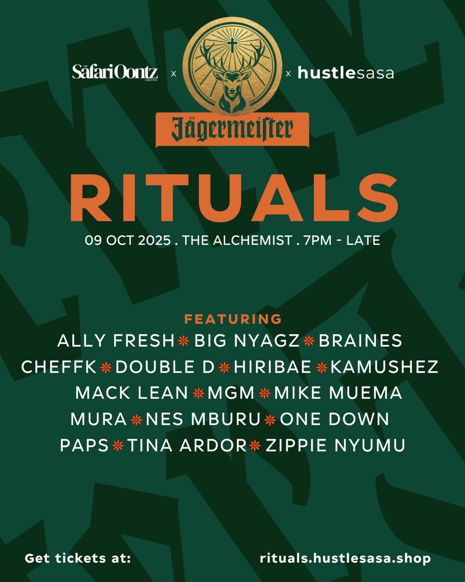 It’s a good day for Kenyan oontz! 
See you tonight 📍 <a href="/AlchemistBar254/">The Alchemist Bar</a> 

rituals.hustlesasa.shop

Read more: capitalfm.co.ke/thesauce/ritua…
<a href="/CapitalFMKenya/">Capital FM Kenya</a> 

Powered by <a href="/solgeneration_/">Sol Generation</a> <a href="/AdumaPresents/">Aduma Presents</a> <a href="/jagermeistersa/">Jägermeister South Africa</a> <a href="/Hustle_Sasa/">HustleSasa</a>