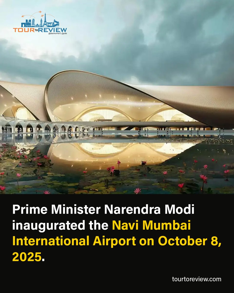 tour_to_review's tweet photo. #PMNarendraModi inaugurated the #NaviMumbai International #Airport on October 8, 2025. It is intended to ease congestion at #Mumbai’s current airport and initially handle about 20 million passengers #annually, with future #expansion plans.🧳🛫 https://t.co/VcJnvKlWkn
