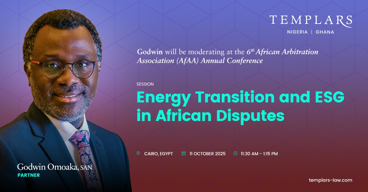 templars_law's tweet photo. TEMPLARS Partner, Godwin Omoaka, SAN, FCIArb, will speak at the 6th African Arbitration Association (AfAA) Annual Conference, holding in Cairo, Egypt, from 10–12 October 2025.

The conference, themed “Rethinking Arbitration in a Changing International Landscape: African Challenges and Perspectives,” will examine how Africa is adapting to shifting global trends in dispute resolution.

Godwin will moderate the session titled “Energy Transition and ESG in African Disputes”, scheduled for 11 October from 11:30 a.m. to 1:15 p.m. The session will address dispute resolution in renewable energy and extractive industries, arbitration’s role in enforcing ESG obligations, and how states balance competing international law commitments on climate action and foreign investment protection.

To connect with Godwin in Cairo, please reach out directly or email Businesscommunications@templars-law.com to schedule a meeting.

The AfAA is a non-profit, private sector–led association, aimed to promote the development of international arbitration in Africa.

........................................
#AfAA2025 #ArbitrationInAfrica #DisputeResolution #EnergyTransition #ESG #InternationalArbitration #AfricaEnergy #SustainableDevelopment