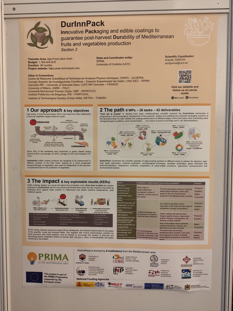 dur_pack's tweet image. These days @dur_pack  project was represented by our science coordinator @AraGarNu from @Fac_CienciasUCO and our partner Cecilia Conti from @LaStatale at Project Day 2025 hosted by @PrimaProgram in Barcelona 🍅🥒📦🧪