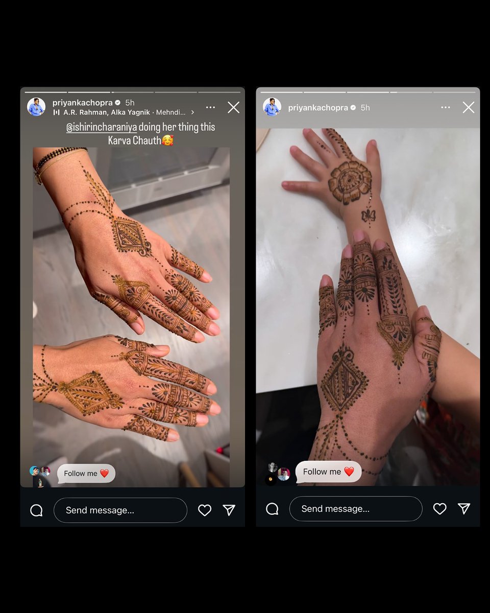 alldatmatterz_'s tweet image. Priyanka Chopra begins Karwa Chauth prep with festive mehndi & little Malti by her side ✨
#PriyankaChopraJonas #karwachauth2025