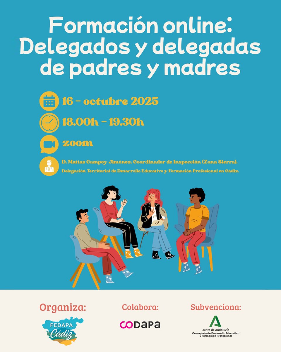 FEDAPA Cádiz organiza una formación online para Delegad@s para mejorar tu papel en el centro. Una sesión práctica para conocer tus funciones y fomentar la participación.

🗓️ 16 de octubre, 18:00 h💻 Por Zoom ➡️ Inscríbete aquí: forms.gle/xUMpTuancTqAD8…