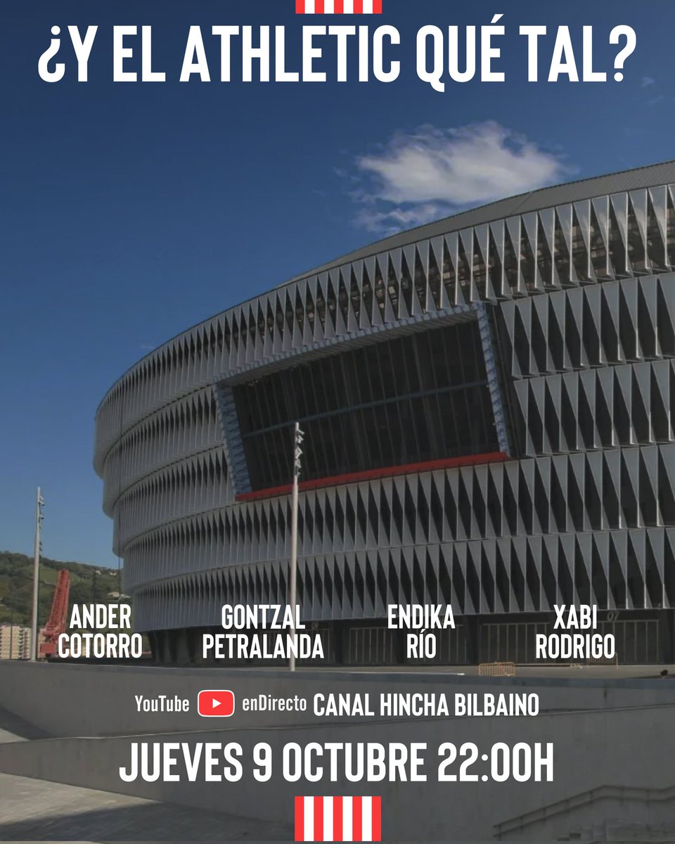 ‼️RECORDAD ‼️
 
📅 Esta noche a las 22:00 h. 🕙

🇦🇹 Tertulia rojiblanca: "¿Y el <a href="/AthleticClub/">Athletic Club</a> qué tal?" 

💻 YouTube en directo

🔊 Canal #HinchaBilbaino

👥 Analistas: <a href="/Ander_Cotorro/">Ander Cotorro</a>, <a href="/GontzalPS22/">Gontzal Petralanda</a>, <a href="/endikario/">Endika Río</a> y #XabiRodrigo

🗣️ Presentador: Alfredo Casas

👉🏻 ¡Estáis convocad@s!