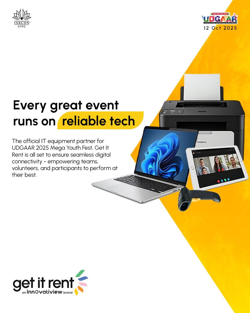 rent_get's tweet image. Every great event runs on reliable tech.
Proud to be the official IT equipment partner for UDGAAR 2025 Mega Youth Fest, powering seamless digital experiences for teams, volunteers, and participants.
#GetItRent #Innovatiview #Udgaar2025