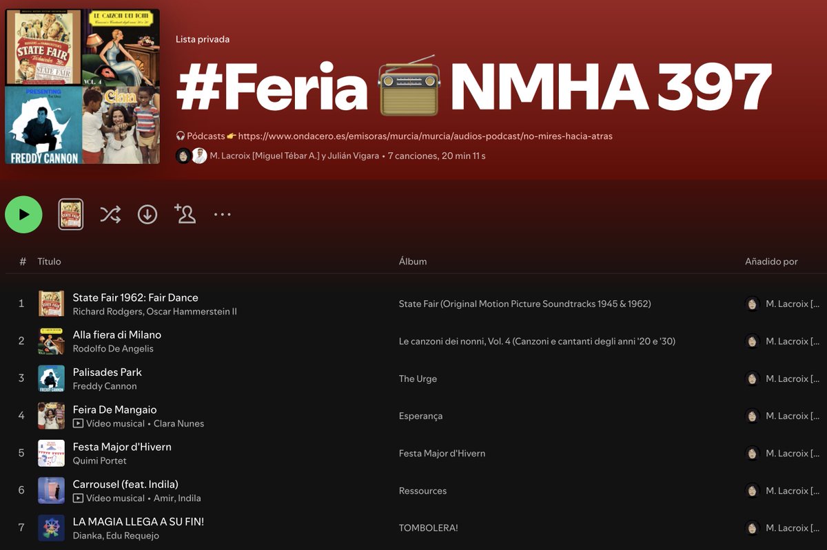 Pensando en #Feria 🎠🎡🎢 comenzamos la XIII temporada de #NoMiresHaciaAtrás, con la música de: #RichardRodgers #OscarHammerstein #RodolfoDeAngelis #FreddyCannon #ClaraNunes #QuimiPortet #Amir #Indila #Dianka #EduRequejo

Gracias🙏🏼 x escuchar👂el pódcast🎙bit.ly/NoMiresHaciaAt…)
