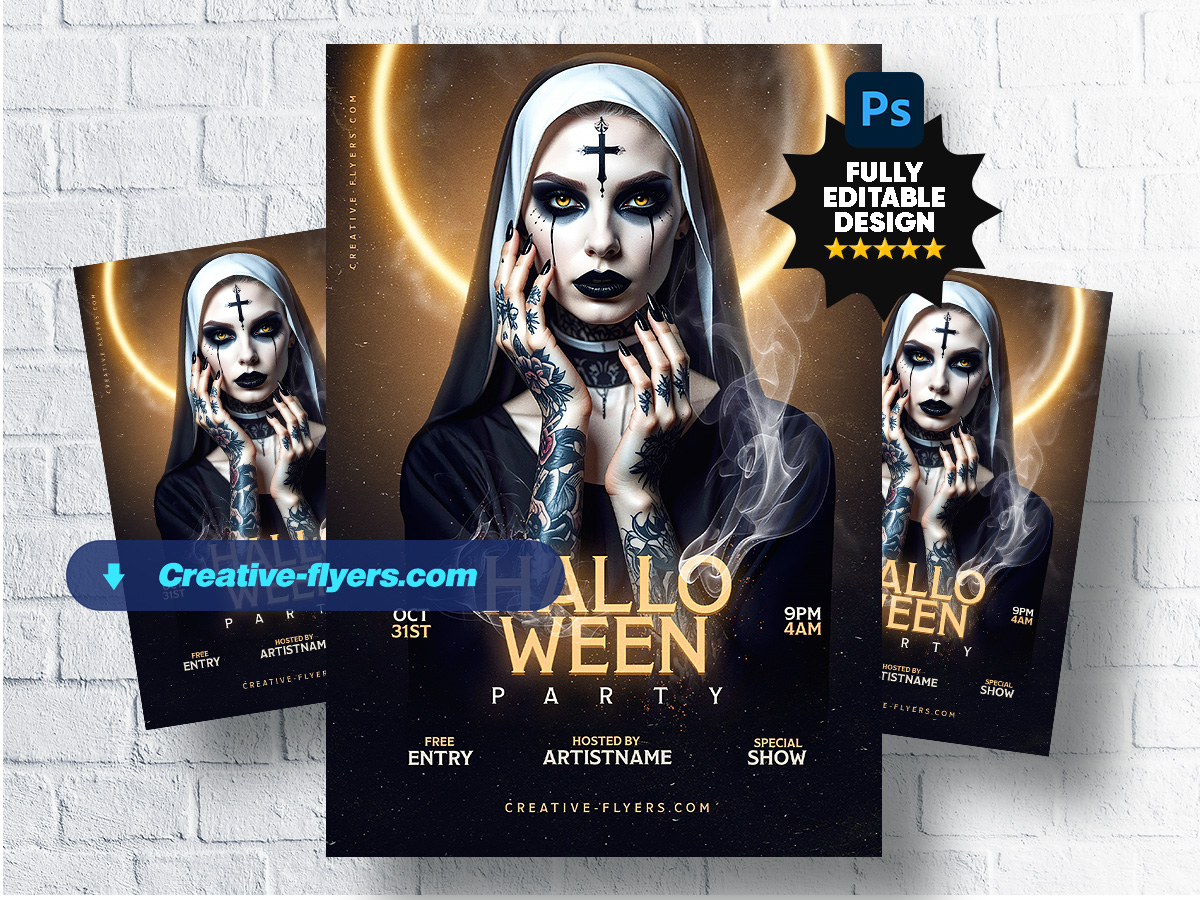 RomeCreation's tweet image. dribbble.com/shots/26628691… A nun-inspired character surrounded by gold light and smoke evokes sacred darkness. @creative_flyers #dribbble #halloween #halloween2025 #poster #graphicdesign #creativeflyer #creativeflyers