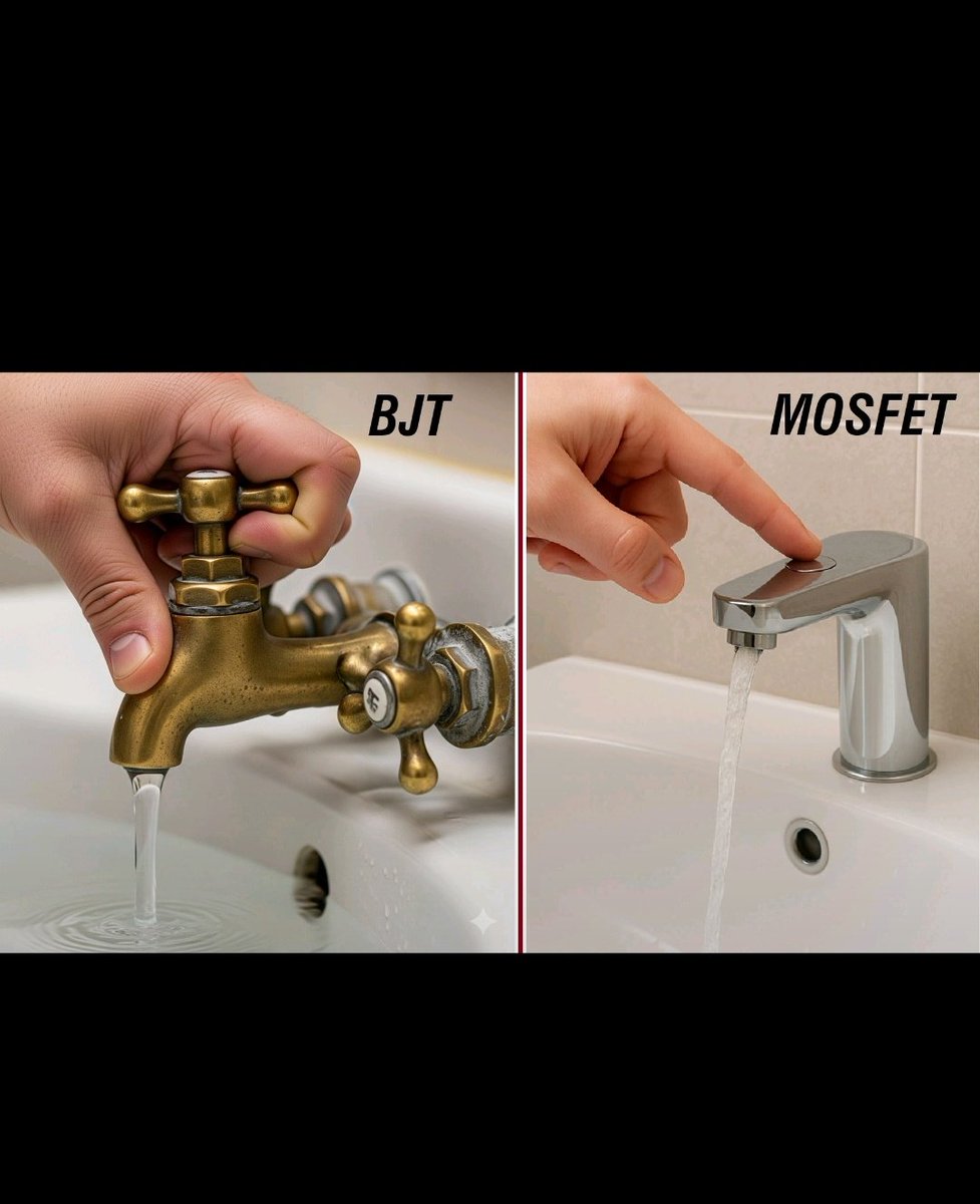 kshitij_036's tweet image. Want to understand BJTs vs MOSFETs? 
Think of them like water taps! 
BJT: Like turning a classic tap—needs more effort (current to base)
MOSFET: Like just touching a modern tap—minimal effort (voltage to gate).
#transistor #ECE