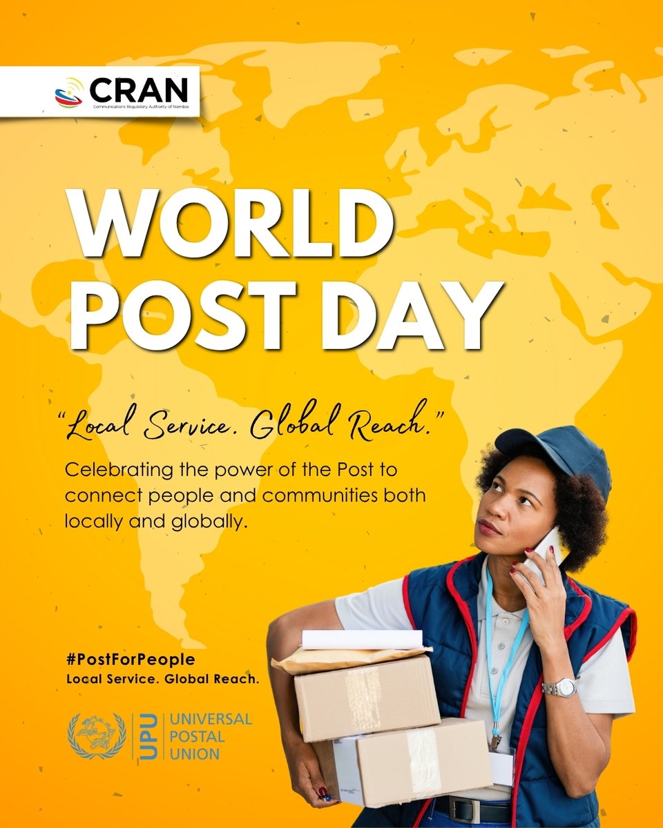 CRANamibia's tweet image. As we celebrate World Post Day, CRAN remains committed to enhancing postal Quality of Service across Namibia. Through our regulatory framework, we oversee NamPost&apos;s Universal Service Obligation, ensuring reliable mail delivery reaches every citizen nationwide. 

Access, Quality &amp;amp;…