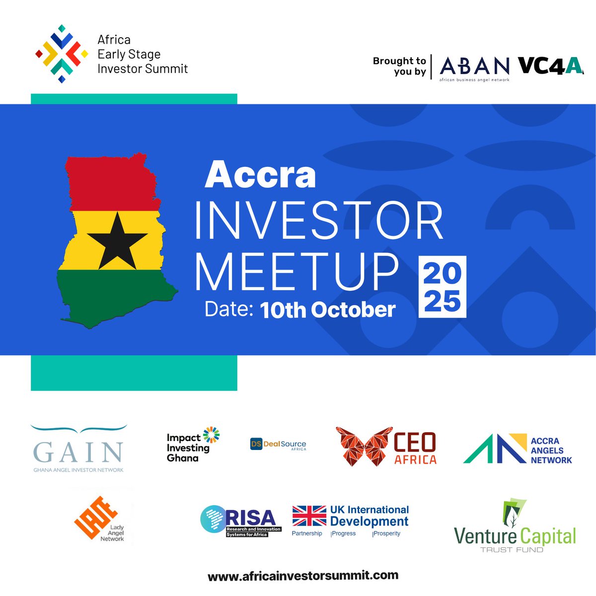 #AESIS2025 Investor Meetups – Accra, Ghana

Next Up on the 10 October 2025, Accra takes the spotlight as the host of the Investor Meetups.

🔗 Register here: vc4a.com/aesis/africa-e…

#AESIS2025 #CapeTown #AfricanInvestors