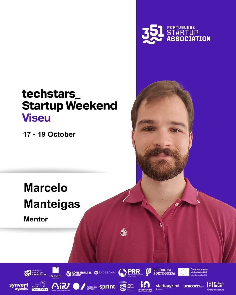 Startup351's tweet image. Meet Marcelo Manteigas - Technical Product Manager, former founder &amp;amp; mentor at Techstars Startup Weekend Viseu

He’s helped scale products, lead teams &amp;amp; turn ideas into impact.

📍 Viseu | 🗓️ Oct 17-19
🎟️ Register: eventbrite.pt/e/techstars-st… 

#TechstarsStartupWeekend #351Startups