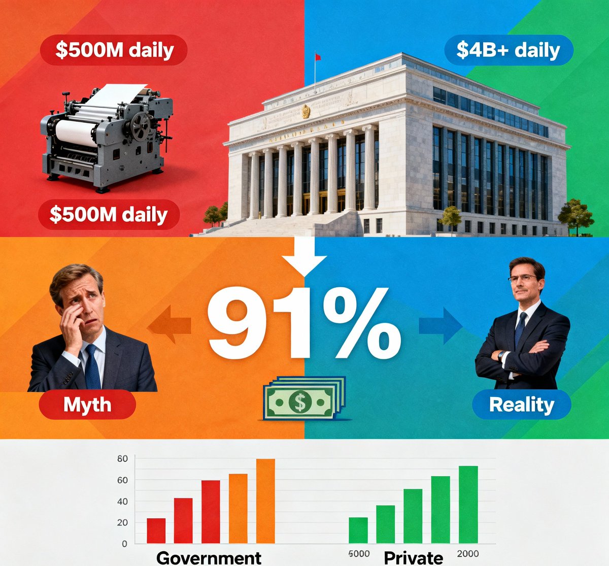 1/9 The $500M daily government money printing story is economic theater. Here's what 30 years of monetary research actually reveals about money creation: 🧵

2/9 Since 2000, private banks created 91% of new money through lending - not government printing presses. The Washington