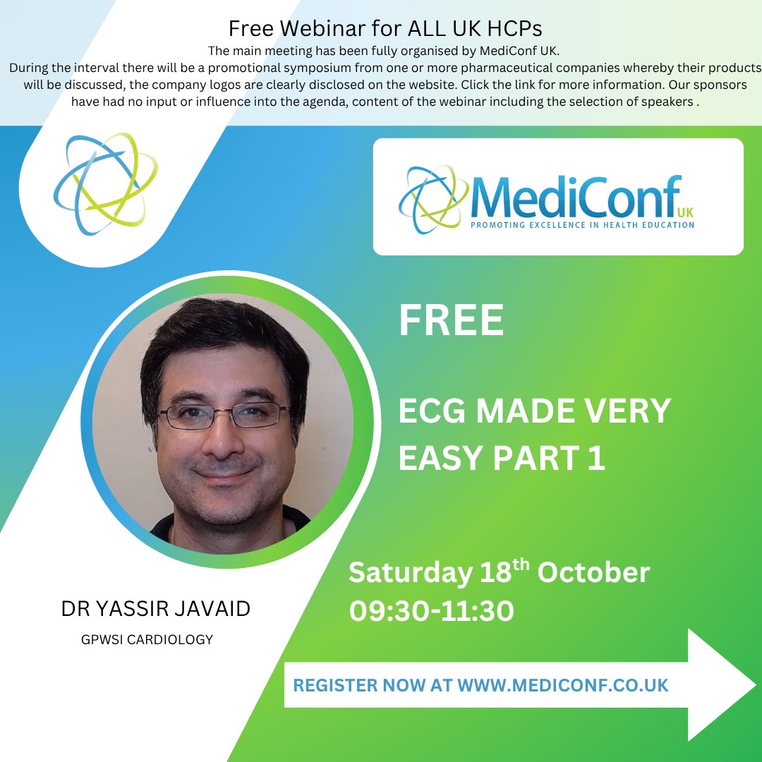 For UK HCPs: Join Dr <a href="/YassirJavaid/">Yassir Javaid</a> on the 18th of October for ECG Made Very Easy Part 1.

Learn the language of ECG and How to work out the rhythm.

To book your place or to find out further information click the link here: mediconf.co.uk/event-details.…