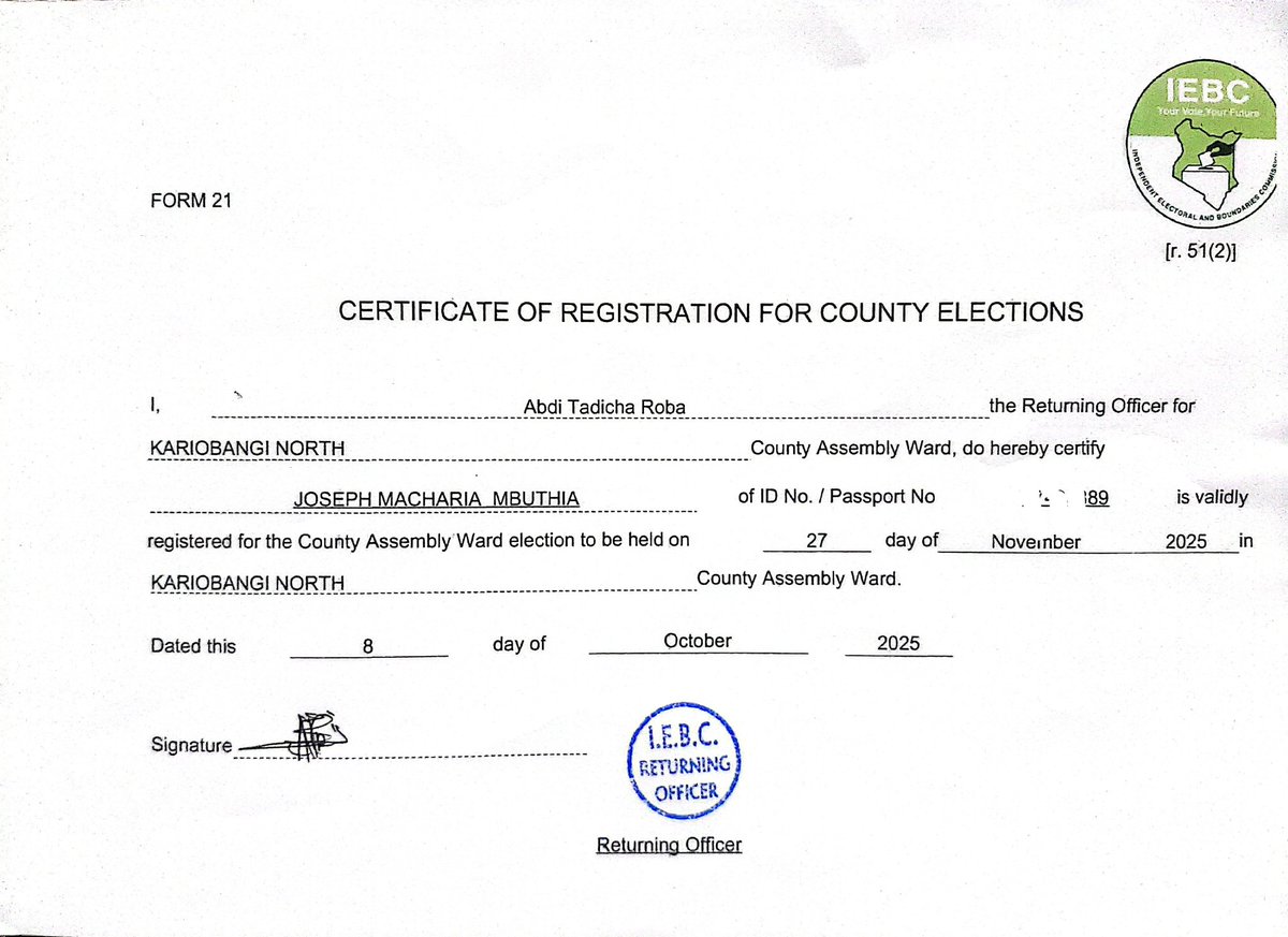 josephmacharia0's tweet photo. The Certificate is a testament that I among the other 15 candidates will be on the ballot paper come 27th, November 2025
#TeamMashaa #MashaaSikuZote #VoteForMashaa #KariobangiNorthWardMCA #AllianceForRealChangeParty #ChaguaMashaaKiongoziBora #TimeForRealChange #PamojaTunaweza https://t.co/mrKCrJRSX5