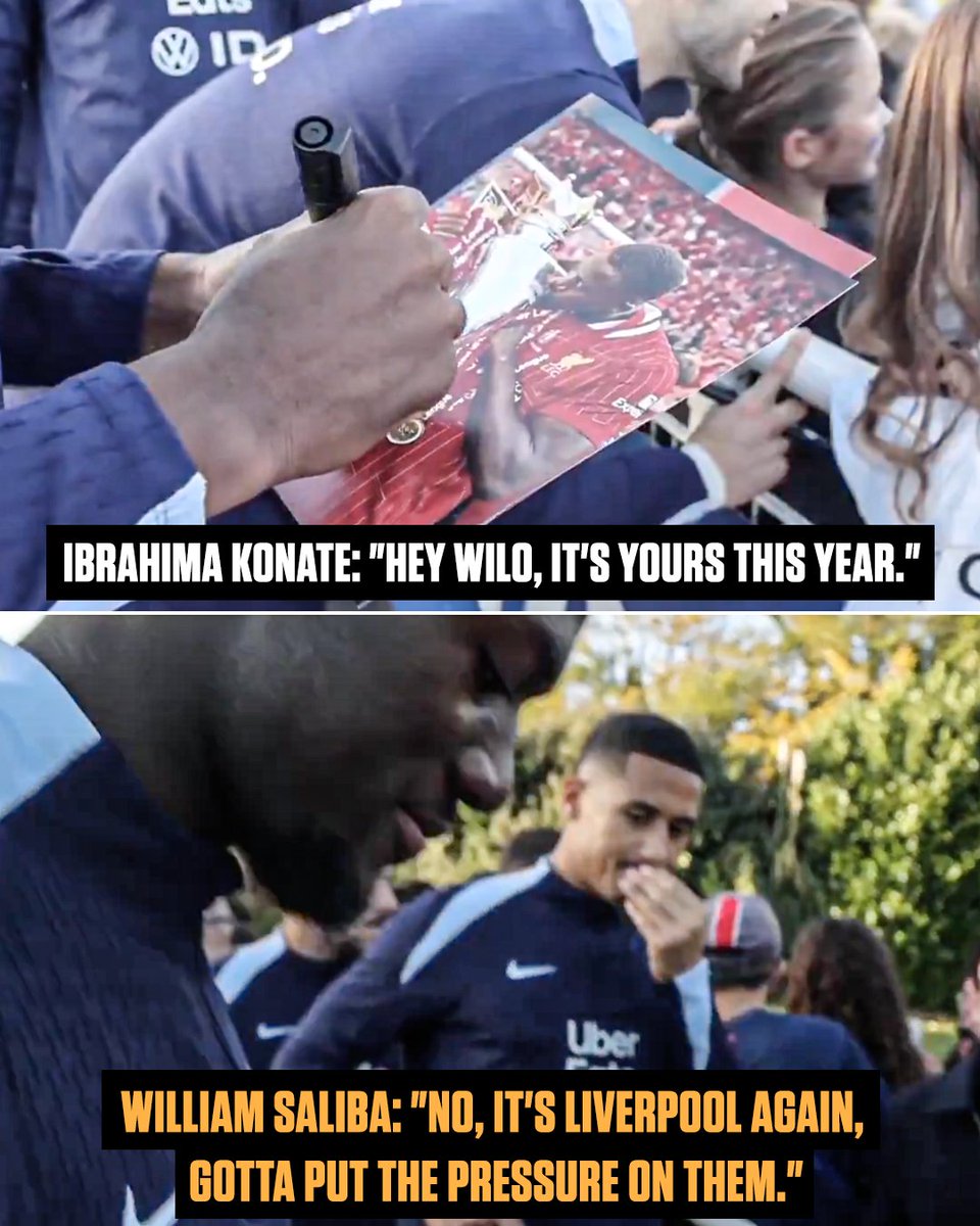 Ibrahima Konate and William Saliba joking about whether Liverpool or Arsenal will win the Premier League this season 😅