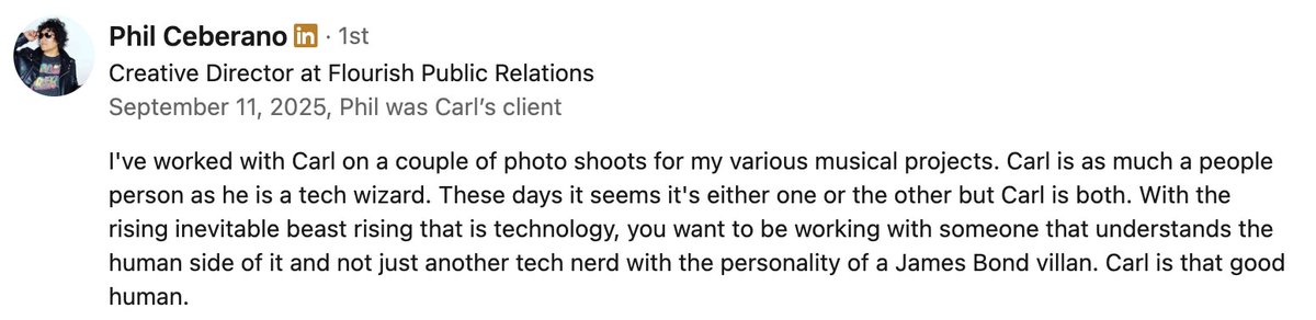 a_zplus's tweet image. Ha! I always love receiving testimonials, but this is special:
&quot;...you want to be working with someone that understands the human side... not just another tech nerd with the personality of a James Bond villain. Carl is a good human.&quot; - Phil
#goodhuman #technerd #freelancedesign