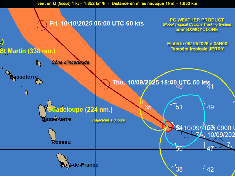 A 05h00, la tempête tropicale JERRY est située à 640 km à l'Est/Nord Est des îles du Nord. Un aéronef des hurricane hunters se rend sur zone.