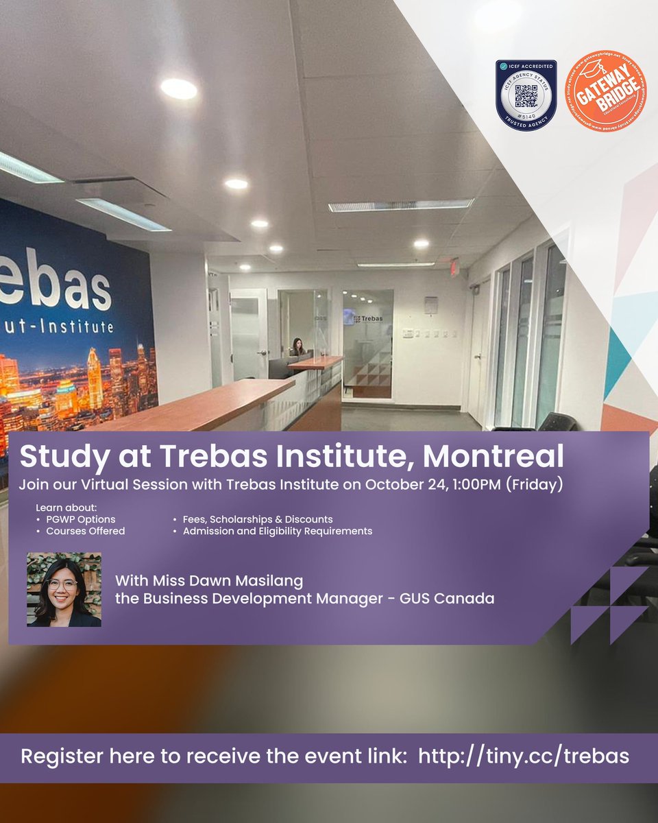 Stop hoping about your future and start planning it.

🗓️ Save the Date: 𝐎𝐜𝐭𝐨𝐛𝐞𝐫 𝟐𝟒, 𝟭:𝟬𝟬 𝗣𝗠 (𝐹𝑟𝑖𝑑𝑎𝑦)

👉 Register right here: tiny.cc/trebas

#trebasinstitutecanada #StudyInCanada
