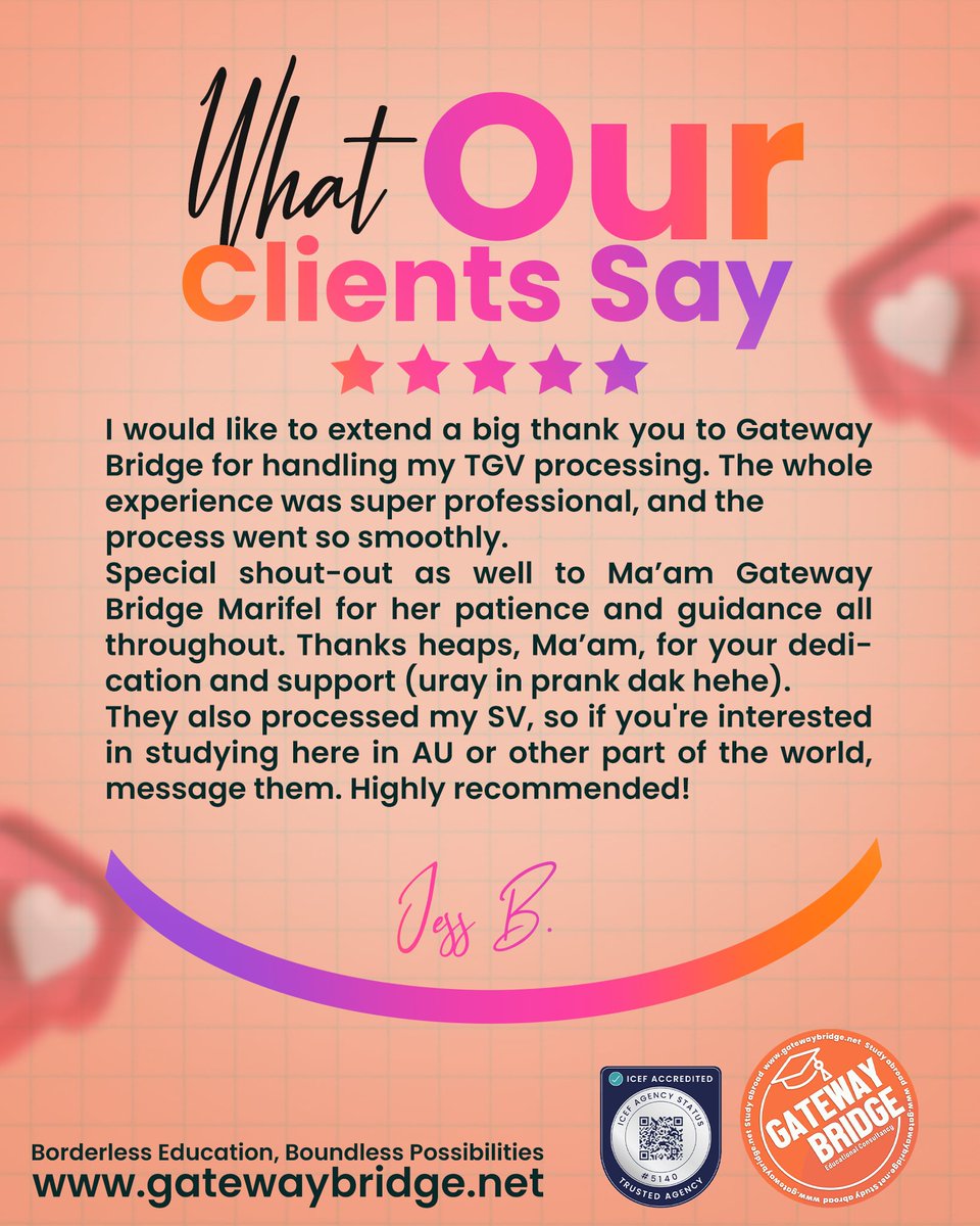The greatest value we offer isn't just in achieving a successful outcome it's in the quality of the journey. That's why the feedback from our valued client, Jessa B., resonates so deeply with our mission.

Don't wait—get started today. 
#ClientReview #TGV #australia