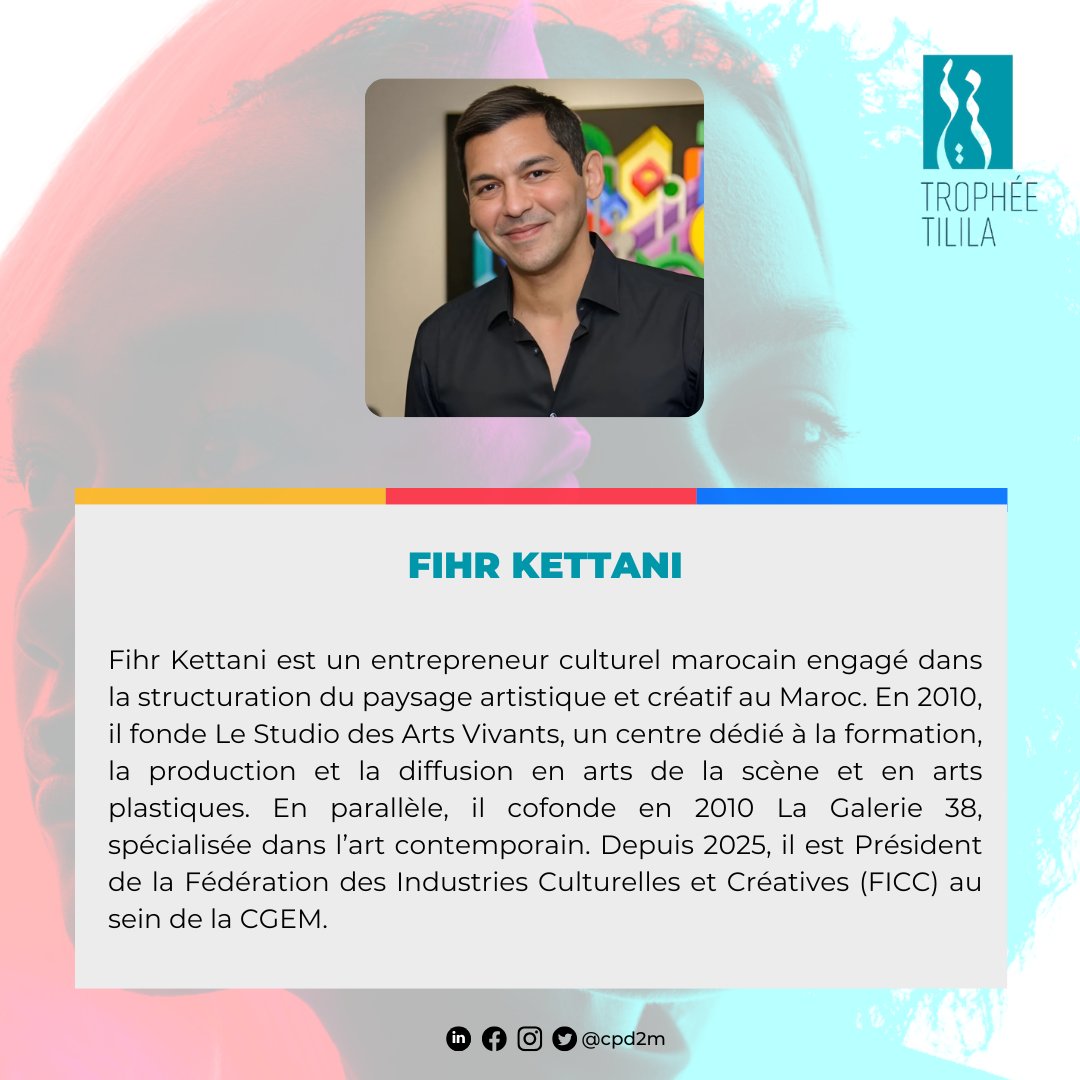 🏆Fihr Kettani, entrepreneur culturel marocain engagé dans la structuration du paysage artistique et créatif au Maroc est membre du jury de la 7ème édition du Trophée Tilila, Prix pour une publicité inclusive.
<a href="/UaccMaroc/">UACCMaroc</a> <a href="/GAM_says/">GAM_says</a> <a href="/Radio2M/">Radio 2M</a> <a href="/2MInteractive/">2M.ma</a> <a href="/lesimperiales/">Les Impériales</a>