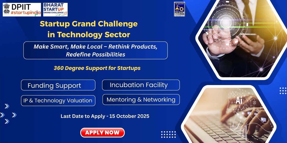 startupindia's tweet image. 🚀 Calling all Startups!
Startup India, DPIIT in collaboration with NRDC (NATIONAL RESEARCH DEVELOPMENT CORPORATION), is excited to announce the Startup Grand Challenge.
📌 Theme: Make Smart, Make Local – Rethink Products, Redefine Possibilities
This is a golden opportunity…