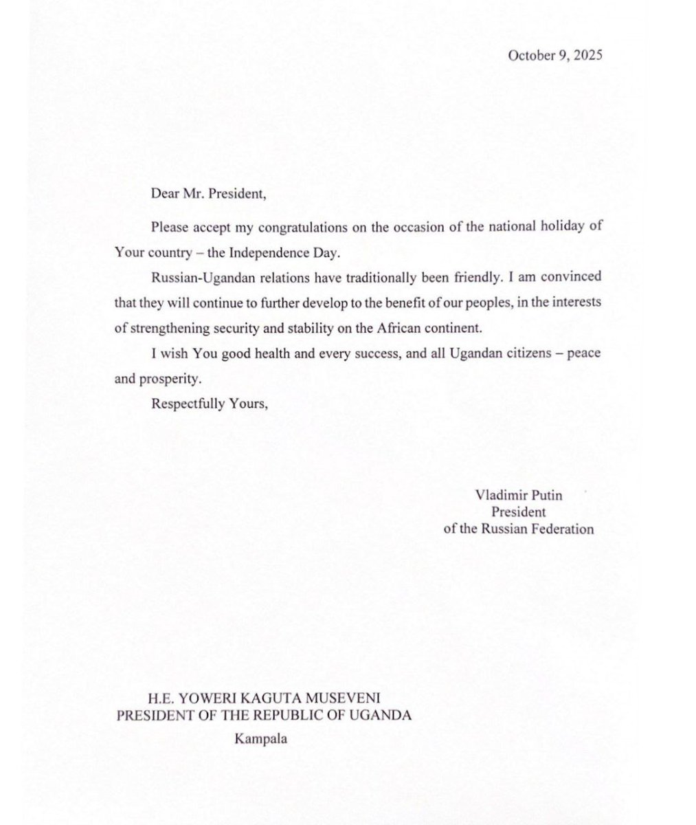 🇷🇺 🇺🇬 President of Russia Vladimir Putin congratulated President of Uganda Yoweri Museveni on the occasion of the Independence Day of the Republic of Uganda.