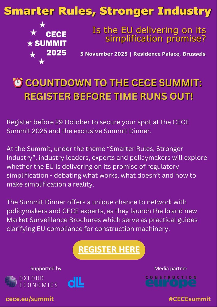 ⚡️Don't wait - registration closes soon! 
  
Secure your spot at the #CECEsummit before 29 October and be part of the action. 

📅 CECE Summit 2025
📍4 &amp; 5 November | Brussels
🔗Register here: bit.ly/3KJbZC8