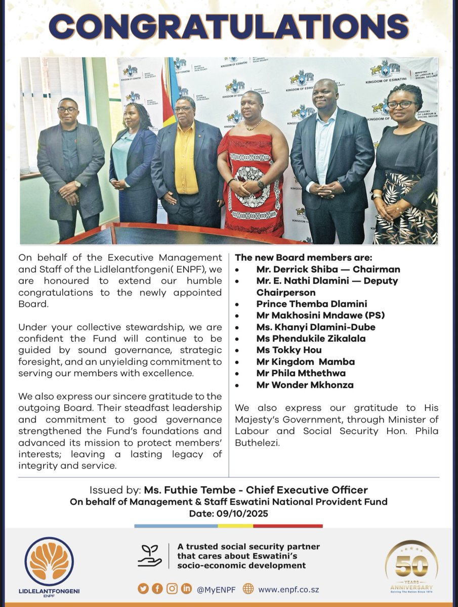 MyENPF's tweet photo. Congratulations to the newly appointed Board!
The Management and Staff of Lidlelantfongeni celebrate this new era of leadership and look forward to continued collaboration in driving positive change for our members and the country. https://t.co/aGbDB8nAih