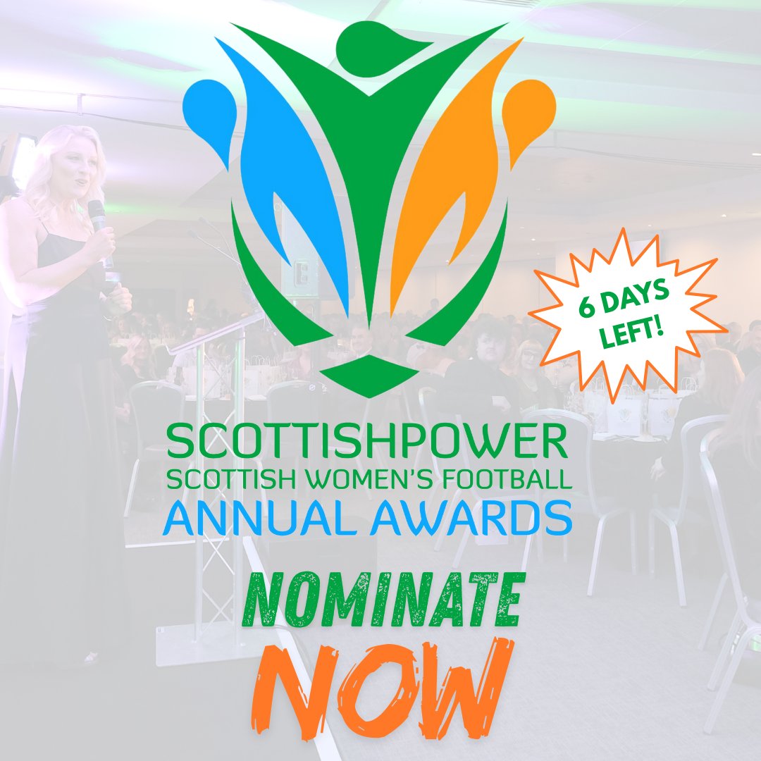 ScotWFootball's tweet image. SIX DAYS LEFT
Which player lit up the Scottish Women&apos;s Premier League last year? Who was the standout for the national team? Was there a referee who handled your game amazingly? Don&apos;t forget to nominate them for the #SWFawards -  #BeTheDifference scotwomensfootball.com/scottishpower-…