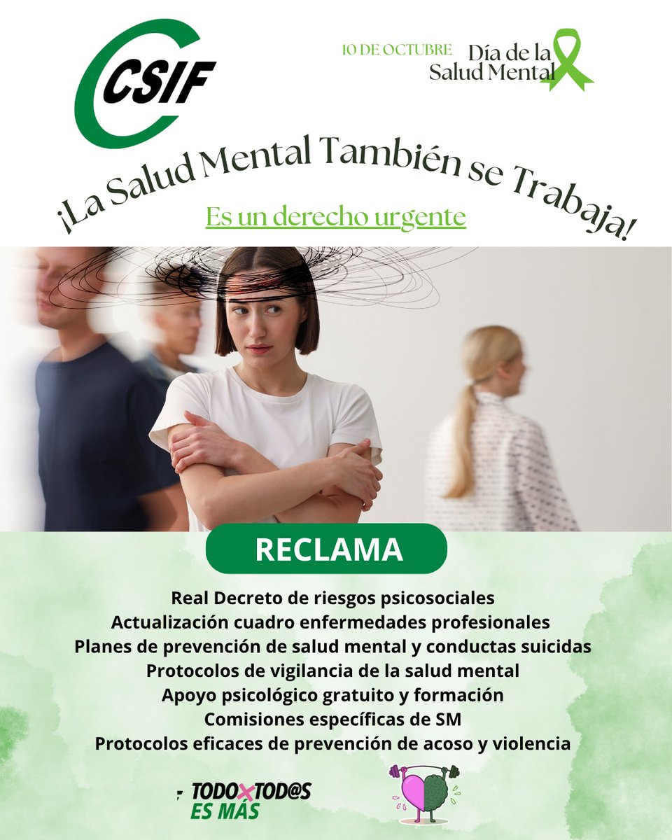 CSIFSanidadNaci's tweet image. 🧠📷 10 de octubre – Día Mundial de la Salud Mental ¡La salud mental también se trabaja!  

La salud mental es un derecho urgente que requiere medidas reales: prevención, recursos, apoyo psicológico y condiciones laborales dignas.  

csif.es/es/articulo/na…

@CSIF_PRL #CSIF