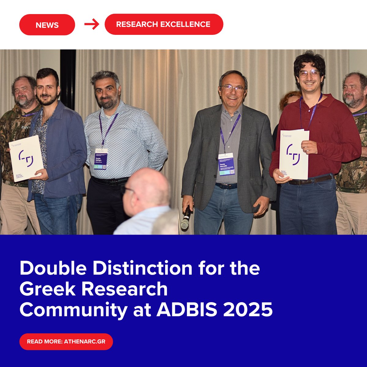 📢 Double win for #Athena at ADBIS 2025 in Finland!

🏆 Best Paper Award for “Pasteur: Scaling Privacy-aware Data Synthesis”
🏅 Best Demo Award for TimeVizBench, a time series visualization platform

➡️Learn more: bit.ly/4q23aUb

#AthenaRC #ADBIS2025