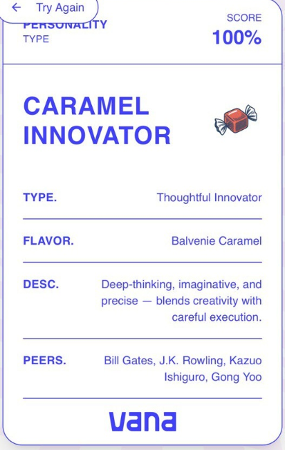 SWaxov's tweet photo. 🎧 Ever wondered what your data tastes like?
Tried @vana’s “Data Flavor” with my Spotify — I’m a 🍬 Caramel Visionary: creative, precise &amp; imaginative.
AI meets art to turn your playlists into a personal flavor.
Try it 👉 https://t.co/Brf8A451Jy
 #Spotify
#Vana #DataOwnership https://t.co/A3mA4a6mOw
