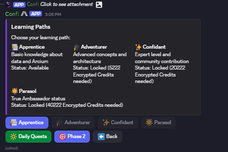 SubashSth1992's tweet photo. Phase 2 learning path is open in @arcium disicord
Head over to #Start_here & open #learning_menu , there is phase 2. Complete the quiz and quest to earn encrypted credits which are required to boost the role!!
#gmpc encrypt everything..dont forget to spin daily wheels.. https://t.co/0Iyz1KlD4U