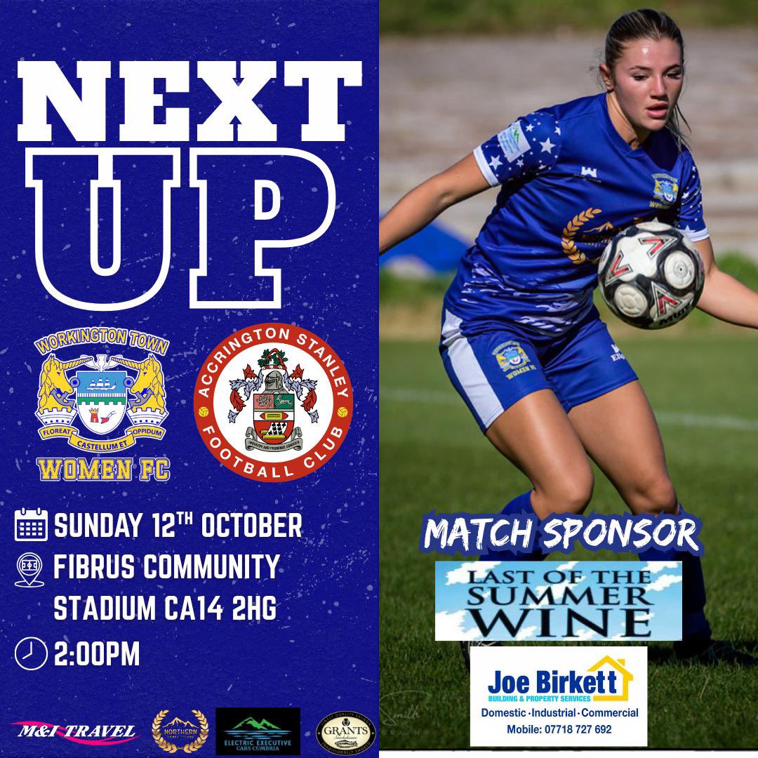 TownWomenFC's tweet photo. 𝑵𝑬𝑿𝑻 𝑼𝑷

Workington Town Women First Team welcome Accrington Stanley this weekend at the Fibrus as we look to bounce back

This match has been kindly sponsored by Last of the Summer Wine and Joe Birket

Please come and show your support for our ladies💙🤍 https://t.co/FlT8V2KpjU