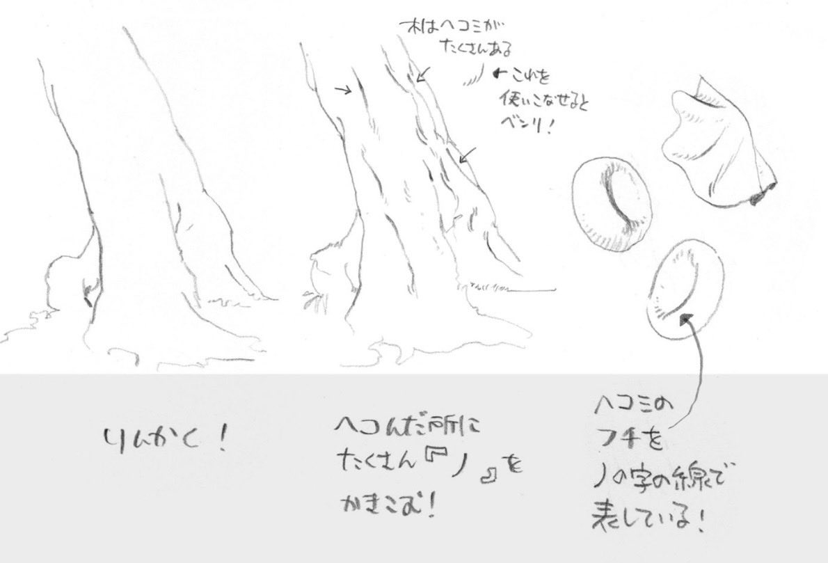 simodasketch's tweet image. 木の凹みは［ノ］の字の線で表せます。線の両端に点線を加えて馴染ませるとより自然に見えます！