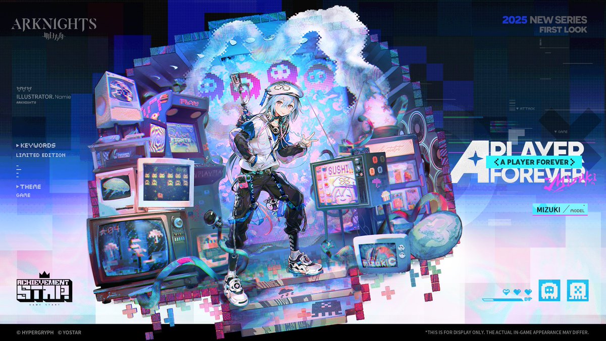 ArknightsEN's tweet image. 【Achievement Star Collection - A Player Forever - Mizuki】

Outfit Mizuki wears when he plays games in Higashi. A perfect fusion of stylish street fashion and retro game elements, letting Mizuki show off his gamer style at max settings.

#Arknights #Yostar