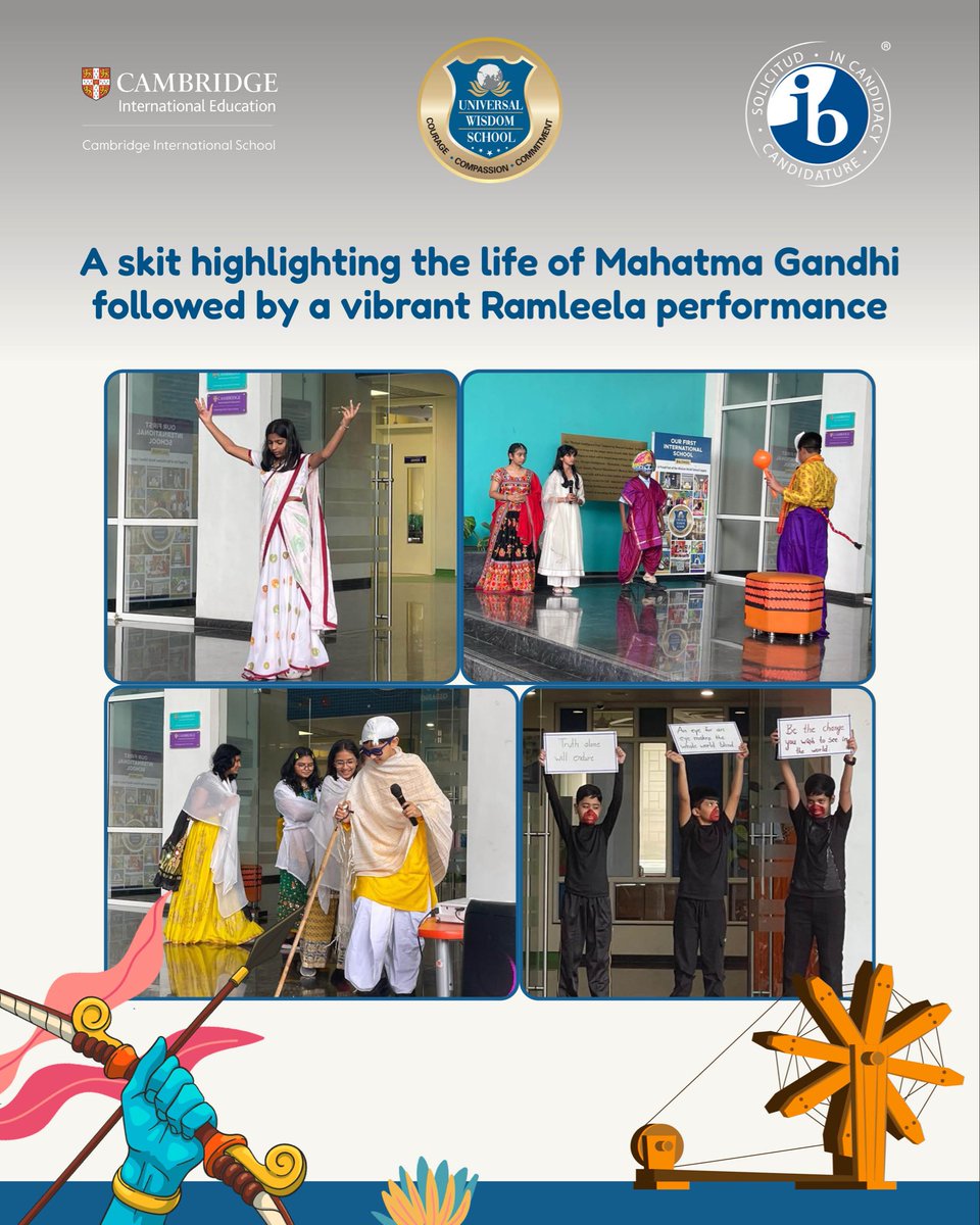 universal_ib's tweet image. Universal Wisdom School celebrated Gandhi Jayanti &amp;amp; Dussehra with great spirit!✨
From soulful bhajans &amp;amp; inspiring speeches to a lively Ramleela and traditional dances, the day beautifully reflected truth, non-violence &amp;amp; the victory of good over evil.🌸🔥
#GandhiJayanti #Dussehra