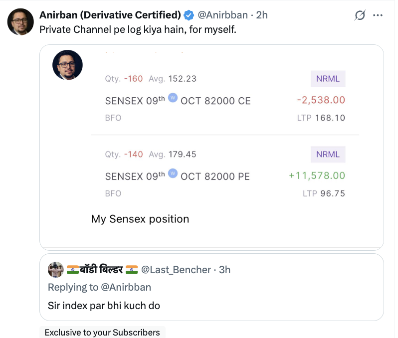 Anirbban's tweet image. In #XSub posted 
Combine Premium was: 270

For all posted
Combine Premium was: 170

#Hint was enough. 
How many you able to grab the hint?

I saw one scammer Telegram just after my post claimed he had short straddle worth millions 😂