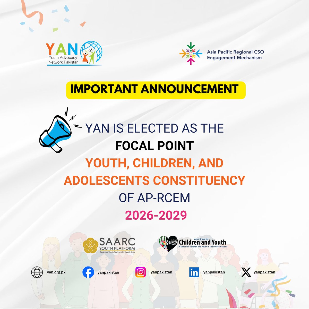 Important Announcement! 📣

We’re happy to share that <a href="/yanpakistan/">YouthAdvocacyNetwork</a> has been elected as Focal Point for #Youth #Children &amp; #Adolescents of <a href="/AP_RCEM/">AsiaPacificRCEM</a>.

This milestone marks a new chapter in strengthening youth voices across #AsiaPacific Region 🌎
#YAN4Youth #YouthPower #Youth2030